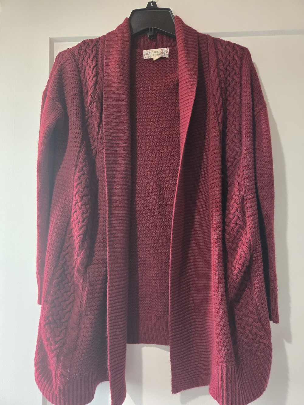Pink Republic Open-Front Cable Knit Cardigan - Burgundy